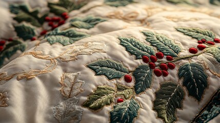 Close-up of a Christmas tablecloth with embroidered holly leaves, capturing the fine stitching and soft fabric. 4K hyperrealistic photo.