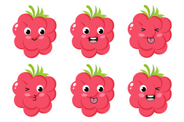 Cute raspberry in flat style. Set of raspberries with different emotions. Funny emoticon in flat style with kawaii eyes on a white background.