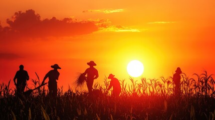 Sunset shot of farmers harvesting crops by hand, with an old-fashioned yet hardworking atmosphere.
