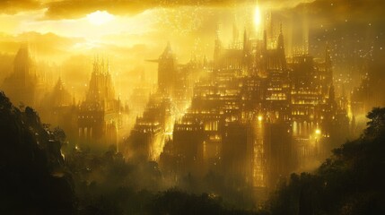 Obraz premium A golden city illuminated by sunlight with towering structures surrounded by lush trees at dusk