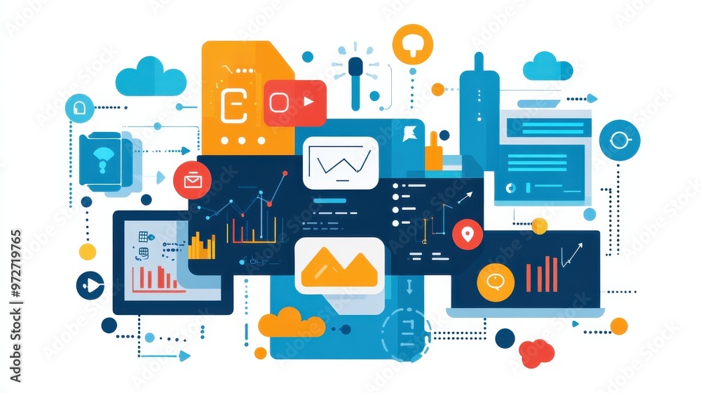 Poster Colorful digital illustration of technology and data analysis with graphs and icons representing modern communication tools