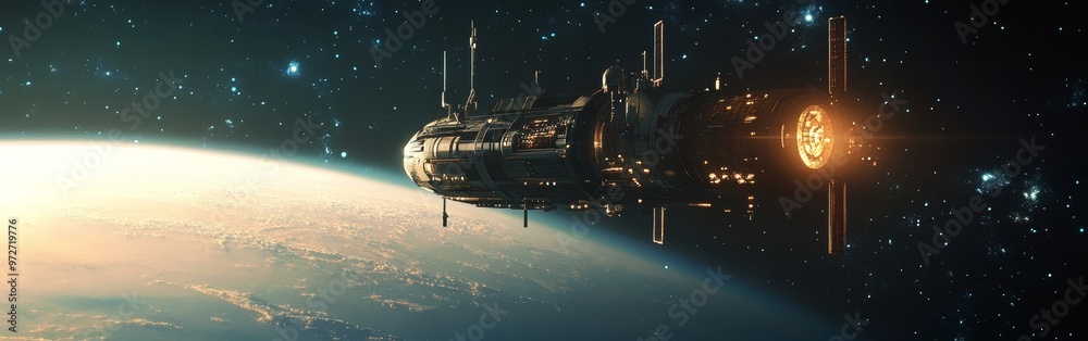 Poster a spacecraft orbits earth in a stunning view of space, showing earth's curvature and distant stars a