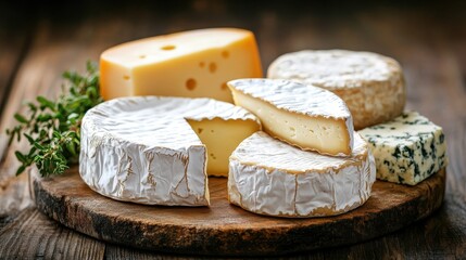 A variety of gourmet cheeses displayed on a rustic wooden board with herbs in a cozy kitchen setting