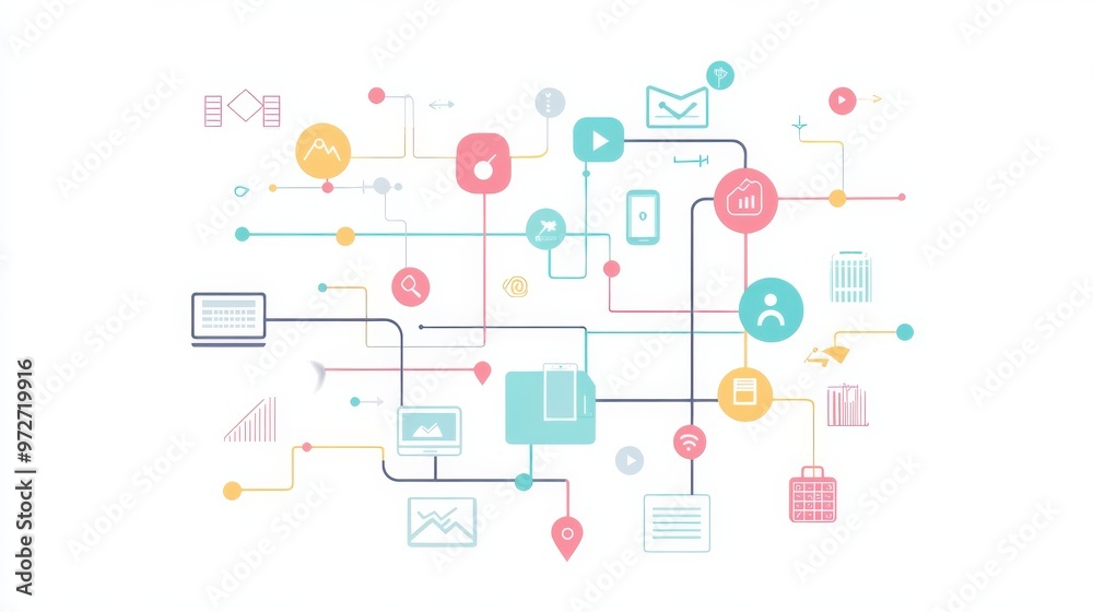 Fototapete Abstract representation of digital connections with icons and lines illustrating technology and data flow in a modern workspace