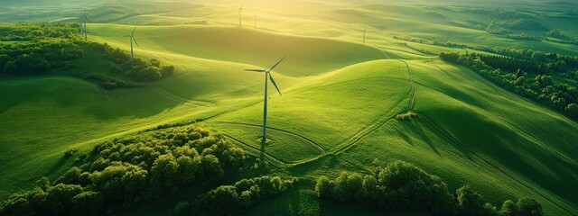 windmills in a green field, aerial view. copy space. green ecology landscape background