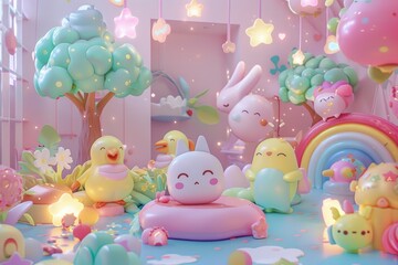 Naklejka premium Cute Cartoon Characters in a Pastel World