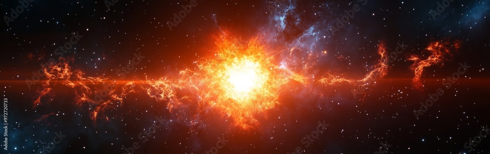 Poster a vibrant cosmic explosion emanates brilliant colors in deep space, illuminating the surrounding gal
