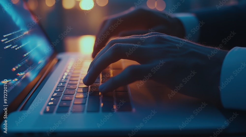 Aufkleber a person typing on a laptop with a backlit keyboard at dusk, showcasing focus and concentration on c