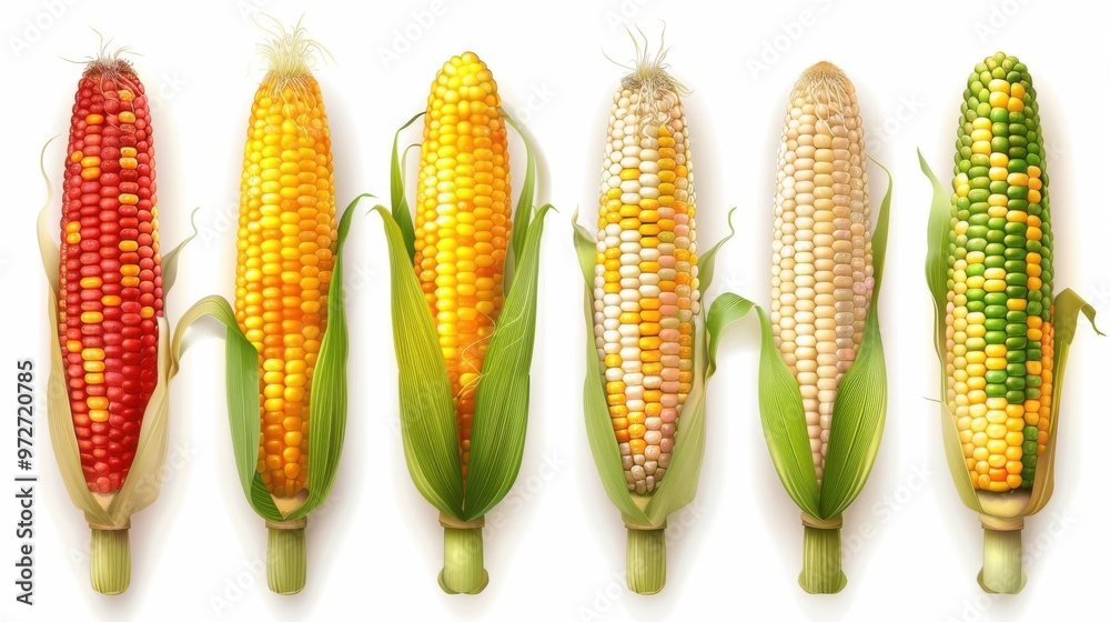 Poster A row of corn cobs with different colors and sizes