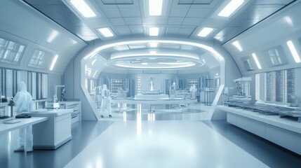 Futuristic laboratory interior with advanced technology and scientists conducting experiments in a sterile environment