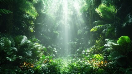 Fototapeta premium Lush jungle with sunlight filtering through dense foliage.