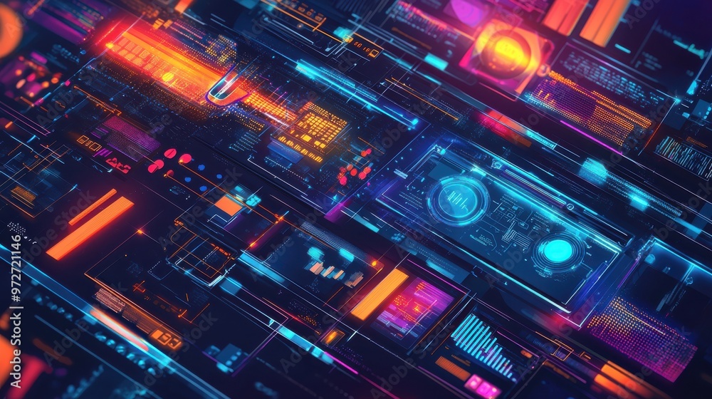 Aufkleber Colorful abstract digital landscape showcasing vibrant lights and circuit board patterns in a futuristic design