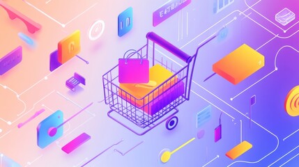 Obraz premium Colorful digital shopping cart with products surrounded by online shopping icons in a vibrant abstract design