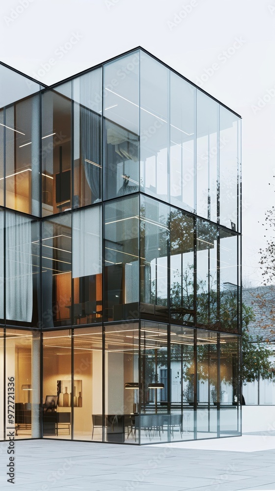 Poster a tall building with a glass facade and a tree in front of it