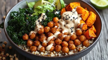 Fototapeta premium A healthy grain bowl with roasted chickpeas, sweet potato, kale, and a tahini dressing.