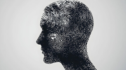 Silhouette of a human head made from a detailed fingerprint pattern illustration