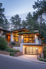 Fototapeta premium Featured is a modern hillside house with wooden details and landscaping.