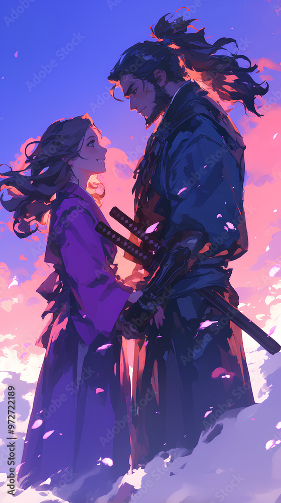 Sticker Boy and girl, Anime couple with samurai uniform style smoke fire background Vertical