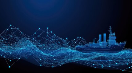An advanced cargo ship made from digital lines traverses the ocean, connected to multiple networks. Glowing dots represent data flow, emphasizing global trade and technology