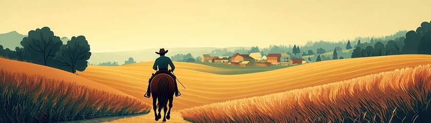 Cowboy riding a horse through fields towards a small town, triadic color palette, flat design with animated crops swaying, fields and cowboy, flat animated