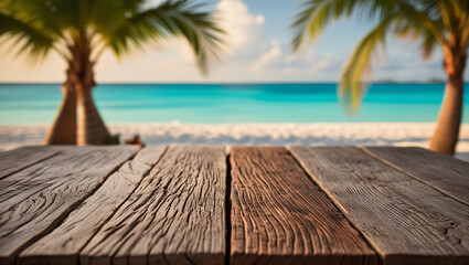 Fototapeta premium Wooden table top with the blurred tropical beach landscape for display or montage your products.