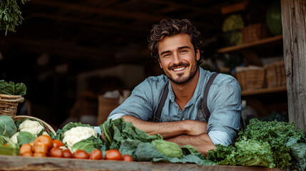 Fototapeta premium Young farmer proudly showcasing his fresh vegetable stall at the local farmers market with crossed arms