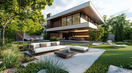 Fototapeta premium It offers a serene outdoor retreat with clean lines, modern furniture, and potted plants.