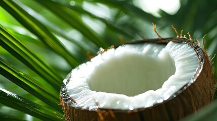 A close-up of a halved coconut filled with ice-cold coconut water, with fresh green palm leaves adding to the natural vibe.