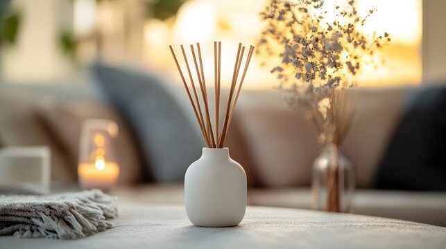 A white ceramic reed diffuser with aromatic fragrance sticks set in a modern living room, featuring a neutral color palette and cozy atmosphere for lifestyle product appeal.