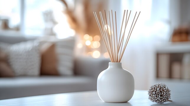 A white ceramic reed diffuser with aromatic fragrance sticks set in a modern living room, featuring a neutral color palette and cozy atmosphere for lifestyle product appeal.