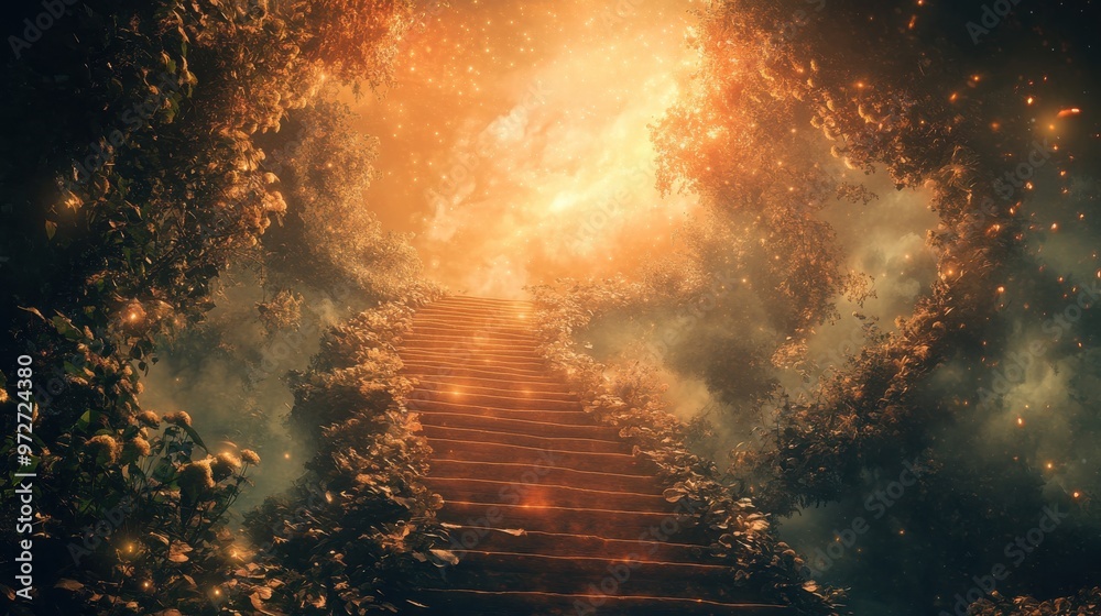 Aufkleber a mystical staircase surrounded by glowing foliage leads into a vibrant, ethereal light in a surreal