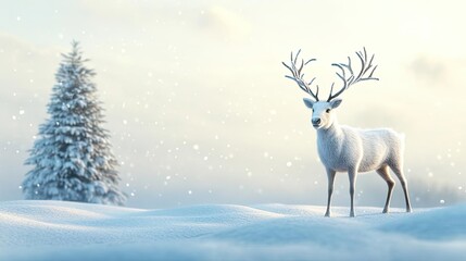 A serene winter scene featuring a majestic white deer standing in soft snow, surrounded by gentle snowfall and a pine tree.