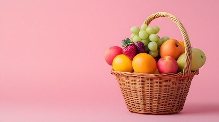 A wicker basket filled with colorful fruits against a light pink background, portraying a vibrant still life composition that emphasizes healthy eating and fresh produce.