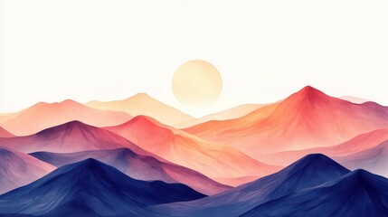 Sunrise over distant mountain range, flat design with triadic tones, flowing watercolor brushstrokes, warm light casting soft shadows on the peaks