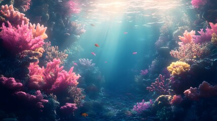 Fototapeta premium Underwater Scene with Colorful Coral Reefs, Fish, and Sea Plants