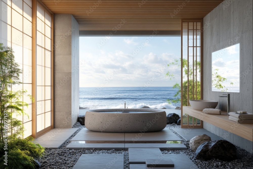 Wall mural minimalist japanese bathroom with an ocean view, incorporating natural materials such as reclaimed w