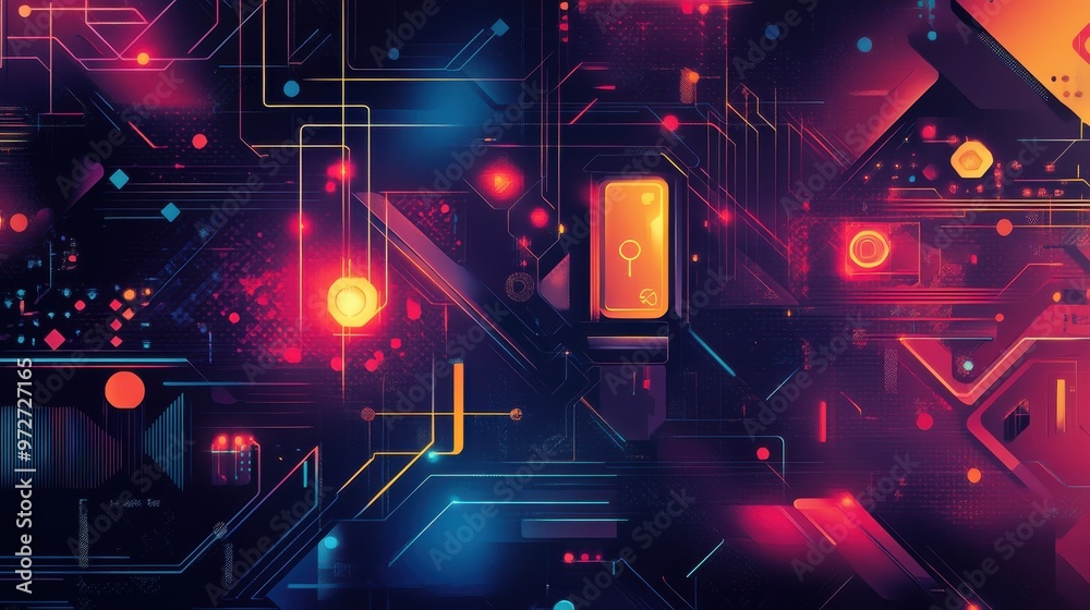 Fototapete Abstract digital technology background with vibrant colors and intricate circuitry patterns