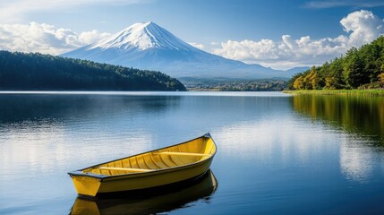 Obraz premium A picturesque view of Mount Fuji from across a calm lake, with no boats or tourists in sight, just pure nature and tranquility.
