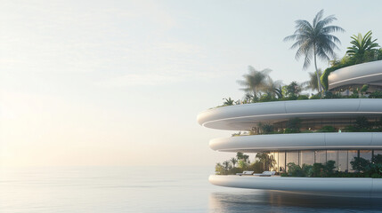 Obraz premium A sprawling, high-tech floating metropolis with interconnected platforms and lush rooftop gardens amidst a serene, expansive ocean view. photo