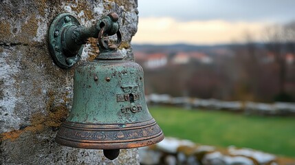 Fototapeta premium Old weathered bronze bell hanging on stone wall overlooking countryside