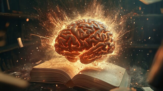 Concept art of a human brain exploding with knowledge and creativity