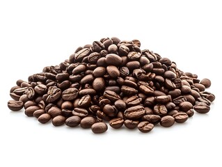 Obraz premium Freshly roasted coffee beans stacked in a mound on a white background, highlighting their rich color and texture