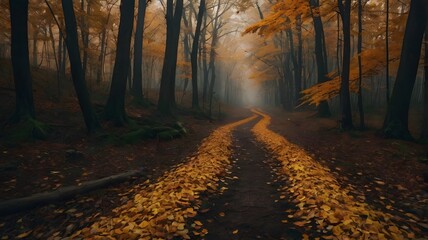 Obraz premium Scenic autumn road through a misty forest with colorful leaves and sunlit trees?