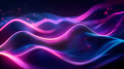 Obraz premium Abstract Digital Technology Background with Wavy Lines and Glowing Purple and Blue Light Gradient, Featuring Dark Tones and Smooth Transitions in 8K High-Resolution