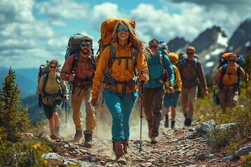 Group of enthusiastic hikers trekking through rugged mountain trail during a sunny day in the wilderness