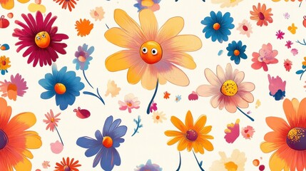 Colorful floral pattern featuring playful flowers and bright colors on a light background in a...