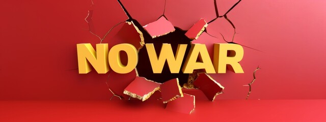 Bright yellow letters stating No War break through a red wall, symbolizing peace and resilience against conflict in a bold and eye-catching manner