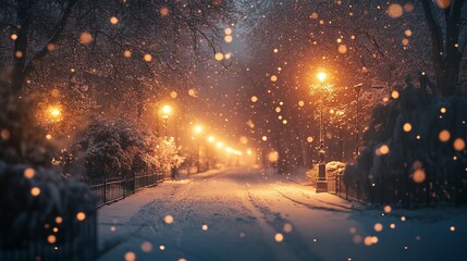 Evening walk along a snowy street, with glowing streetlights and softly falling snow creating a serene winter scene. 4K hyperrealistic photo.