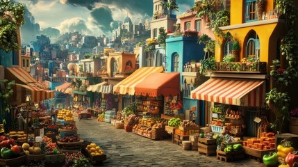 Vibrant marketplace bustling with activity in a colorful town, showcasing fresh produce and local artisans during a sunny afternoon