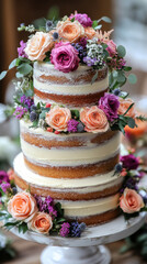 Fototapeta premium a rustic wedding cake with flowers